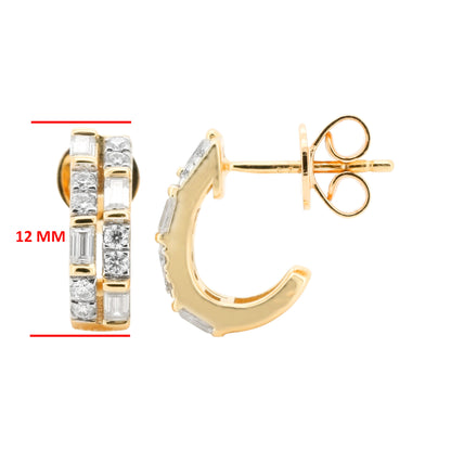 14K Gold Plated Baguette & Round Moissanite Huggie | 12mm Minimalist Earrings | Bridal Diamond Alternative |1CTW