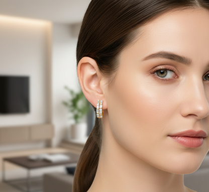 14K Gold Plated Baguette & Round Moissanite Huggie | 12mm Minimalist Earrings | Bridal Diamond Alternative |1CTW