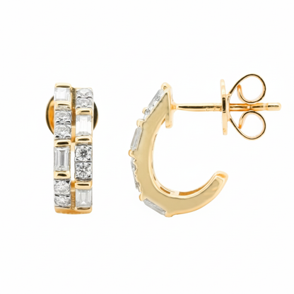 14K Gold Plated Baguette & Round Moissanite Huggie | 12mm Minimalist Earrings | Bridal Diamond Alternative |1CTW