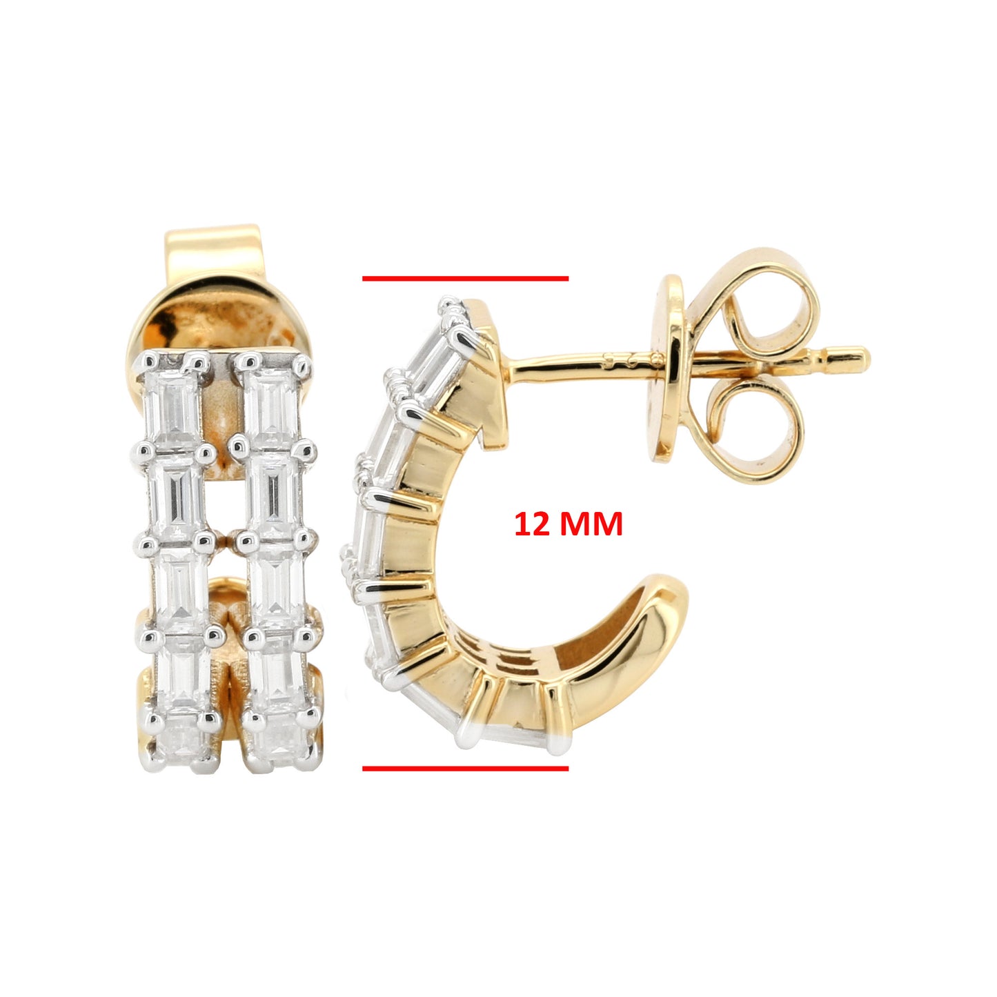 Baguette Moissanite Huggie, 14K Gold Plated Silver 1CTW Prong Set Diamond Alternative, 12MM Small Earrings, Gift for Her