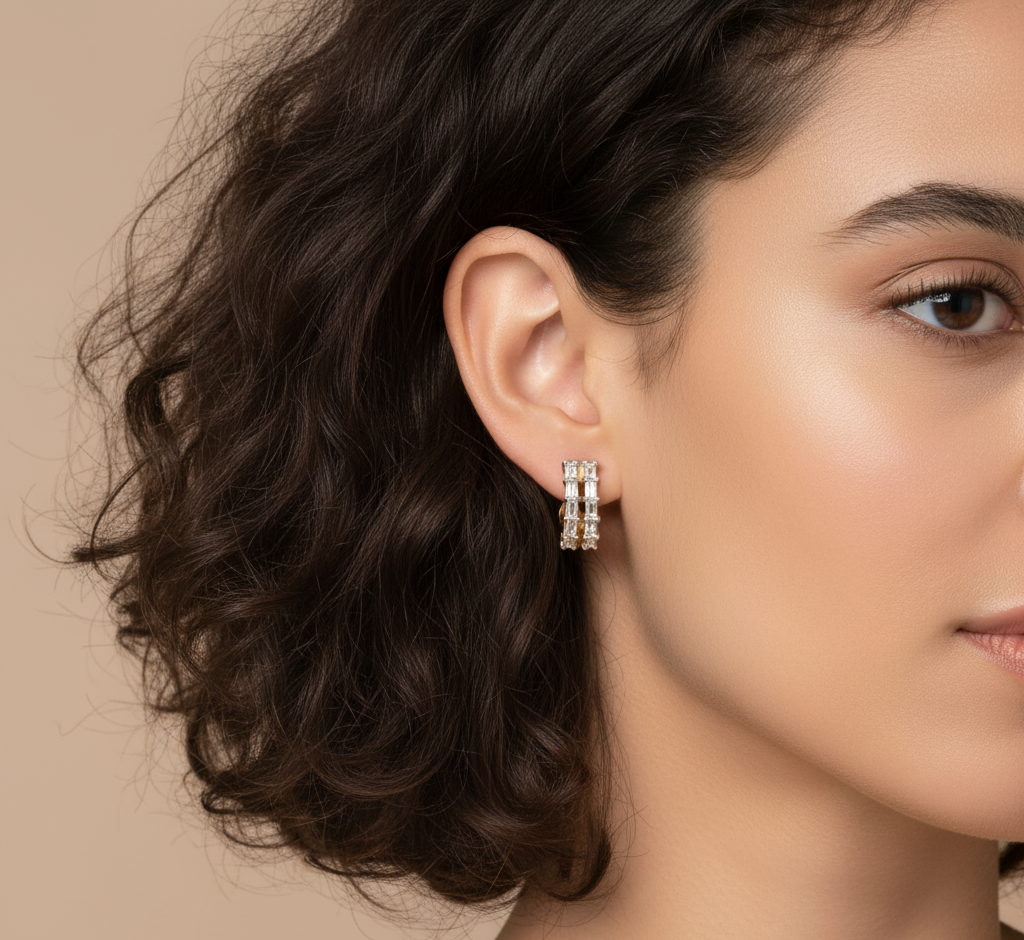 Baguette Moissanite Huggie, 14K Gold Plated Silver 1CTW Prong Set Diamond Alternative, 12MM Small Earrings, Gift for Her