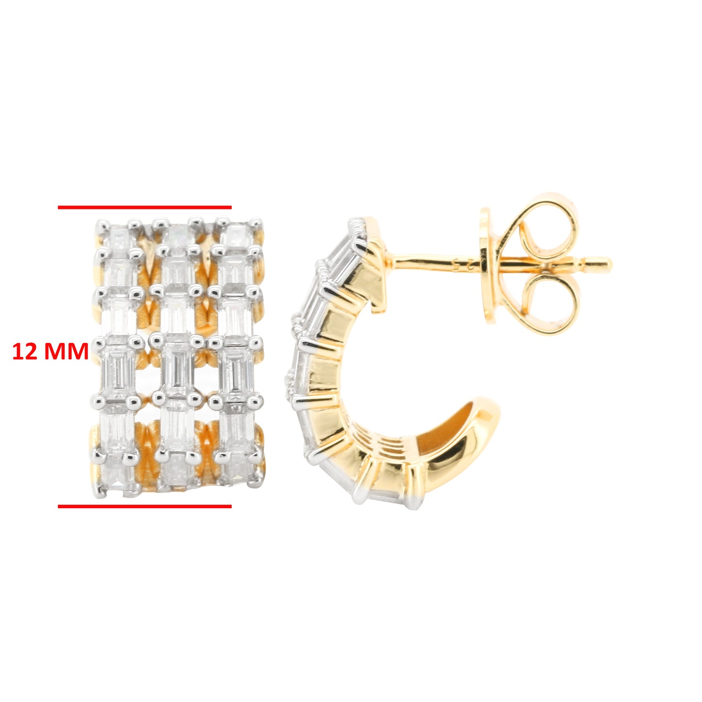 14K Gold Plated Three Row Moissanite Baguette Huggie , Silver Half Hoop1 2/5CTW Earrings, Anniversary Gift, Wedding Jewelry