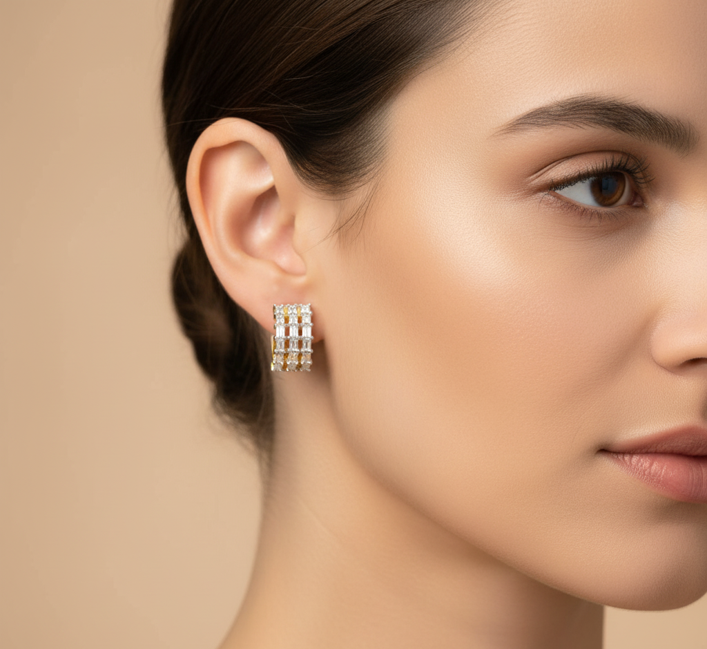 14K Gold Plated Three Row Moissanite Baguette Huggie , Silver Half Hoop1 2/5CTW Earrings, Anniversary Gift, Wedding Jewelry