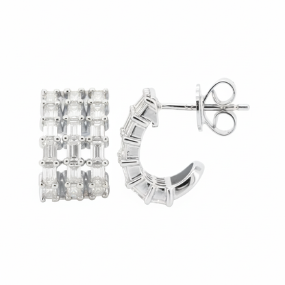 14K Gold Plated Three Row Moissanite Baguette Huggie , Silver Half Hoop1 2/5CTW Earrings, Anniversary Gift, Wedding Jewelry