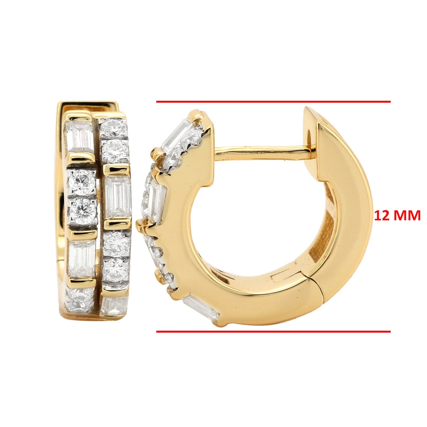 Lab Diamond Baguette Huggie Hoops 12MM | 14K Solid Gold Channel & Pave Earrings | Dainty Diamond Wedding Gift