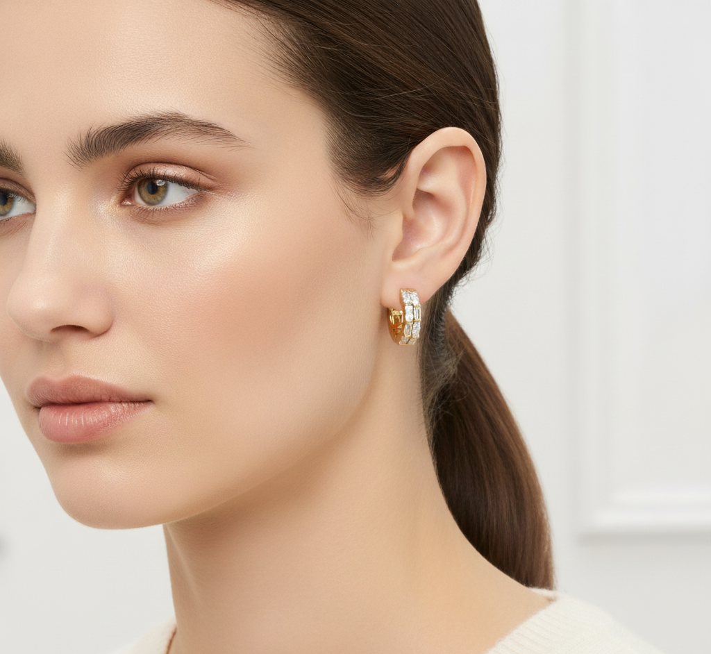 Lab Diamond Baguette Huggie Hoops 12MM | 14K Solid Gold Channel & Pave Earrings | Dainty Diamond Wedding Gift