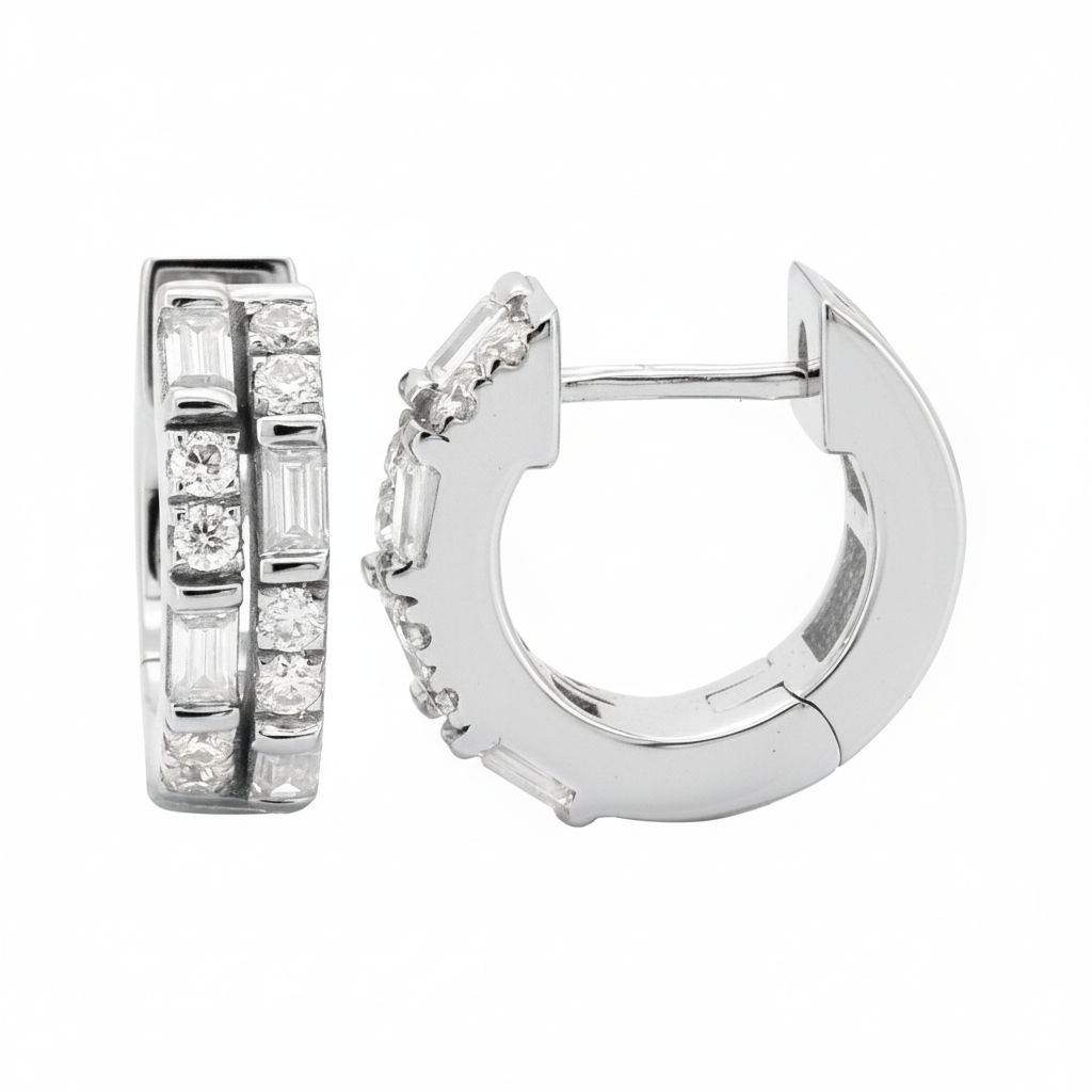 Lab Diamond Baguette Huggie Hoops 12MM | 14K Solid Gold Channel & Pave Earrings | Dainty Diamond Wedding Gift