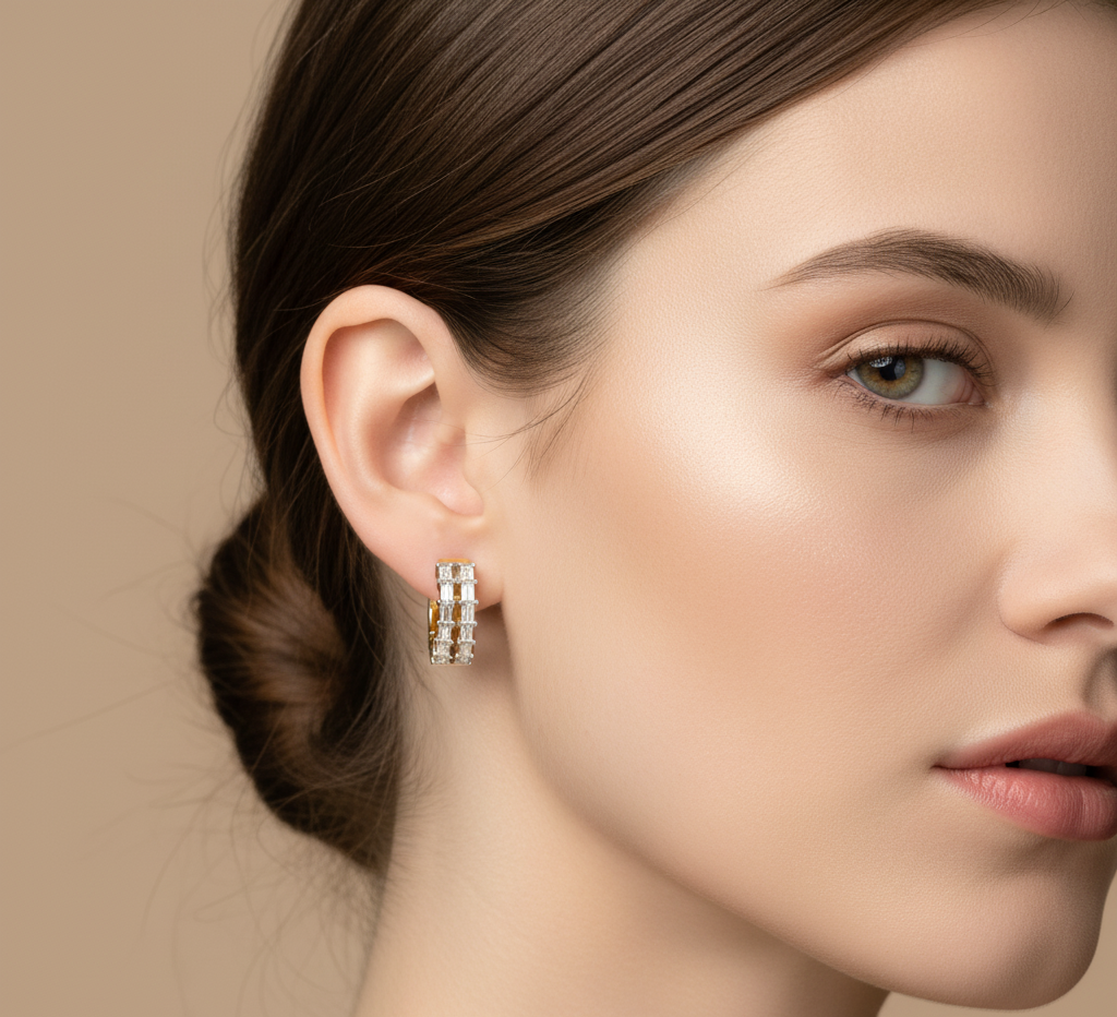 14K Solid Gold Baguette Cut Lab Diamond Huggie Earrings | 1CTW Christmas Gift for Her | Yellow or White Gold | Holiday Celebration Jewelry