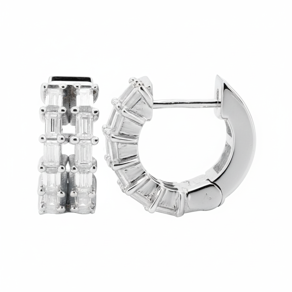 14K Solid Gold Baguette Cut Lab Diamond Huggie Earrings | 1CTW Christmas Gift for Her | Yellow or White Gold | Holiday Celebration Jewelry