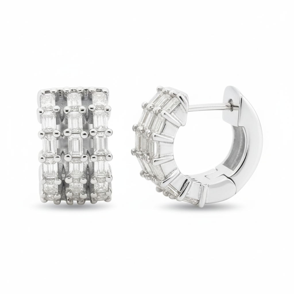 14K Solid Gold Three Row Baguette Lab Diamond Huggie Hoops | 1.4CTW Christmas Gift | Yellow & White Options