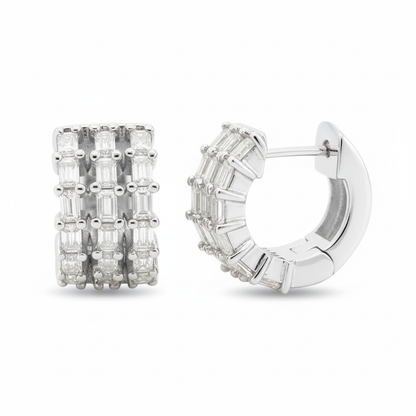 14K Solid Gold Three Row Baguette Lab Diamond Huggie Hoops | 1.4CTW Christmas Gift | Yellow & White Options