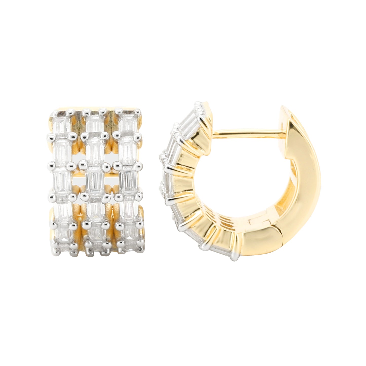 14K Solid Gold Three Row Baguette Lab Diamond Huggie Hoops | 1.4CTW Christmas Gift | Yellow & White Options
