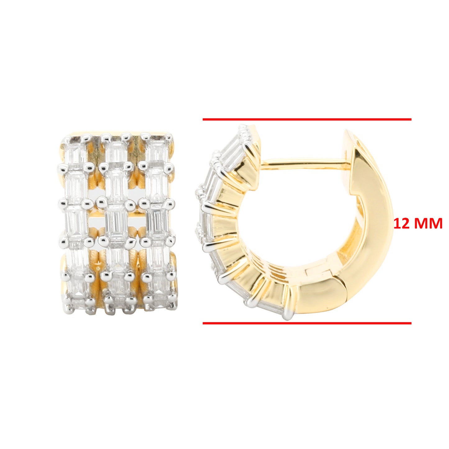 14K Solid Gold Three Row Baguette Lab Diamond Huggie Hoops | 1.4CTW Christmas Gift | Yellow & White Options