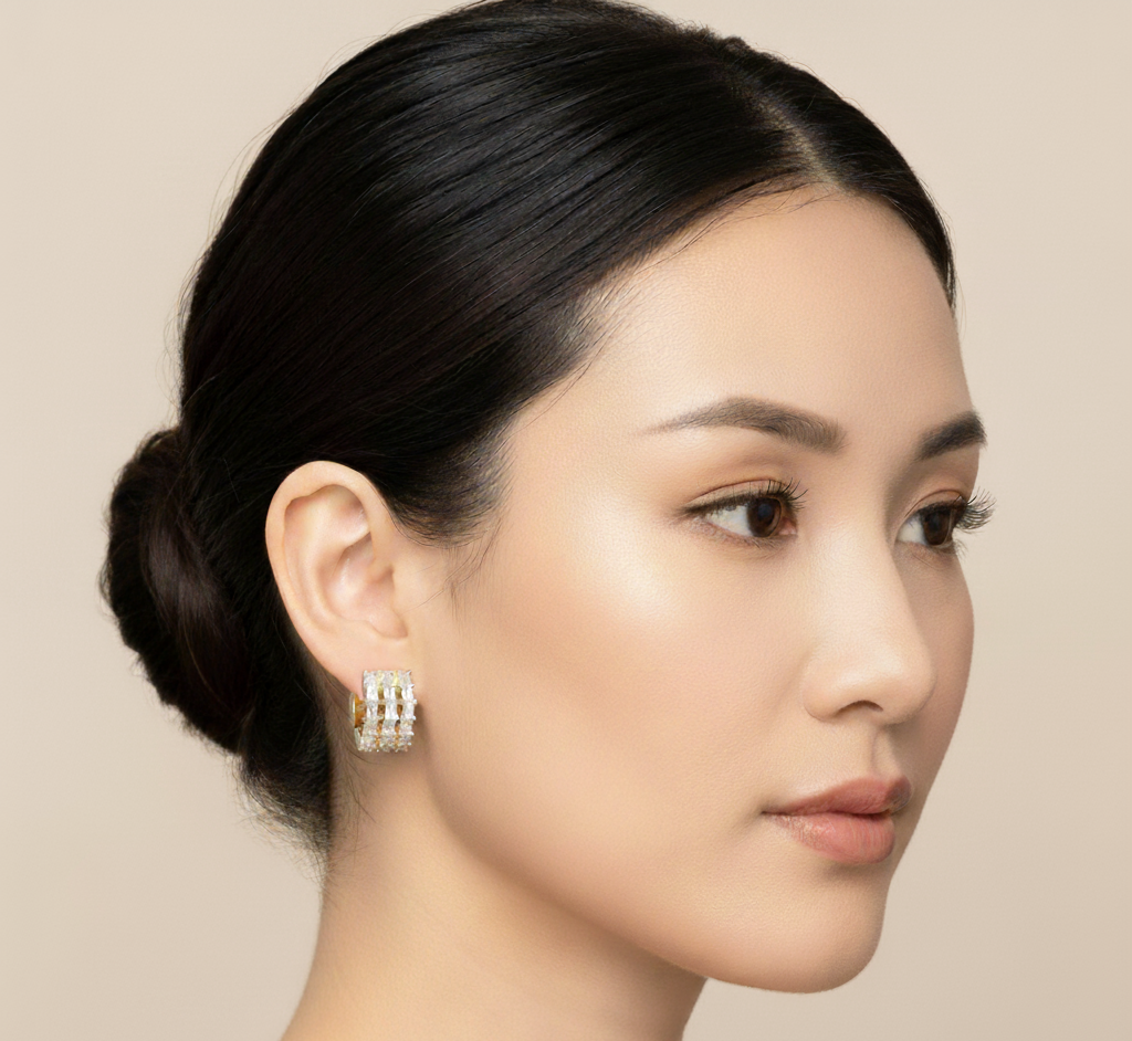 Three Row Baguette Moissanite Huggie Earrings | 1.4CTW Diamond Alternative Hoops | Christmas Gift for Her | Thanksgiving Accessories