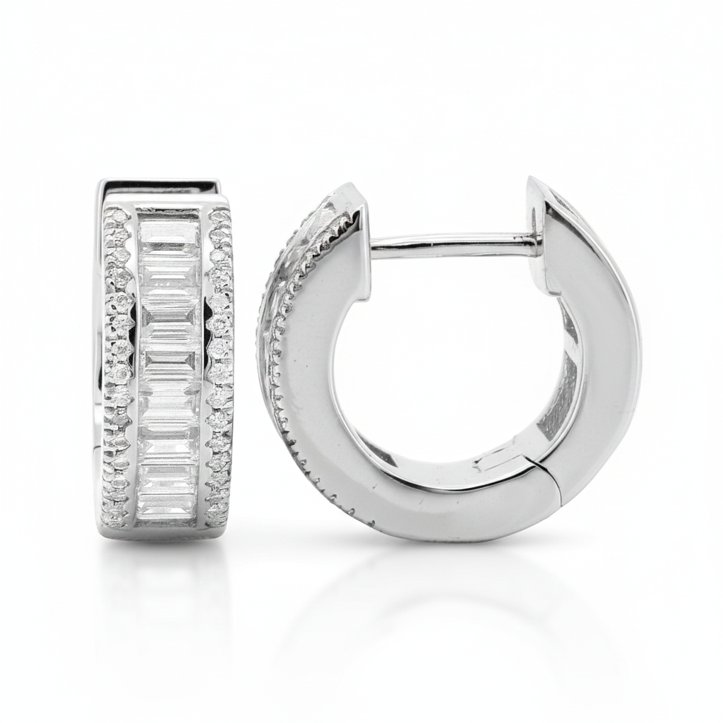 14K Gold Baguette & Round Lab Diamond Huggie Hoops, 4/5 CTW | Tiny Earrings, Christmas Gift for Her