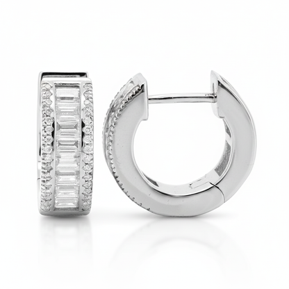 14K Gold Baguette & Round Lab Diamond Huggie Hoops, 4/5 CTW | Tiny Earrings, Christmas Gift for Her