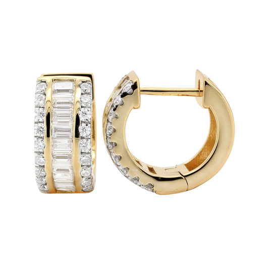 14K Gold Over Silver Moissanite Huggie Earrings, Baguette Diamond Hoop