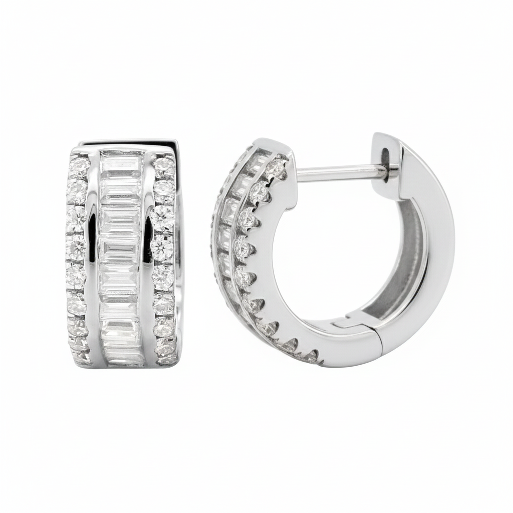 14K Gold Over Silver Moissanite Huggie Earrings, Baguette Diamond Hoop