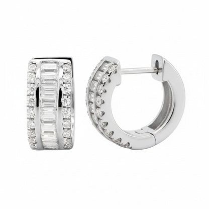 14K Gold Over Silver Moissanite Huggie Earrings, Baguette Diamond Hoop