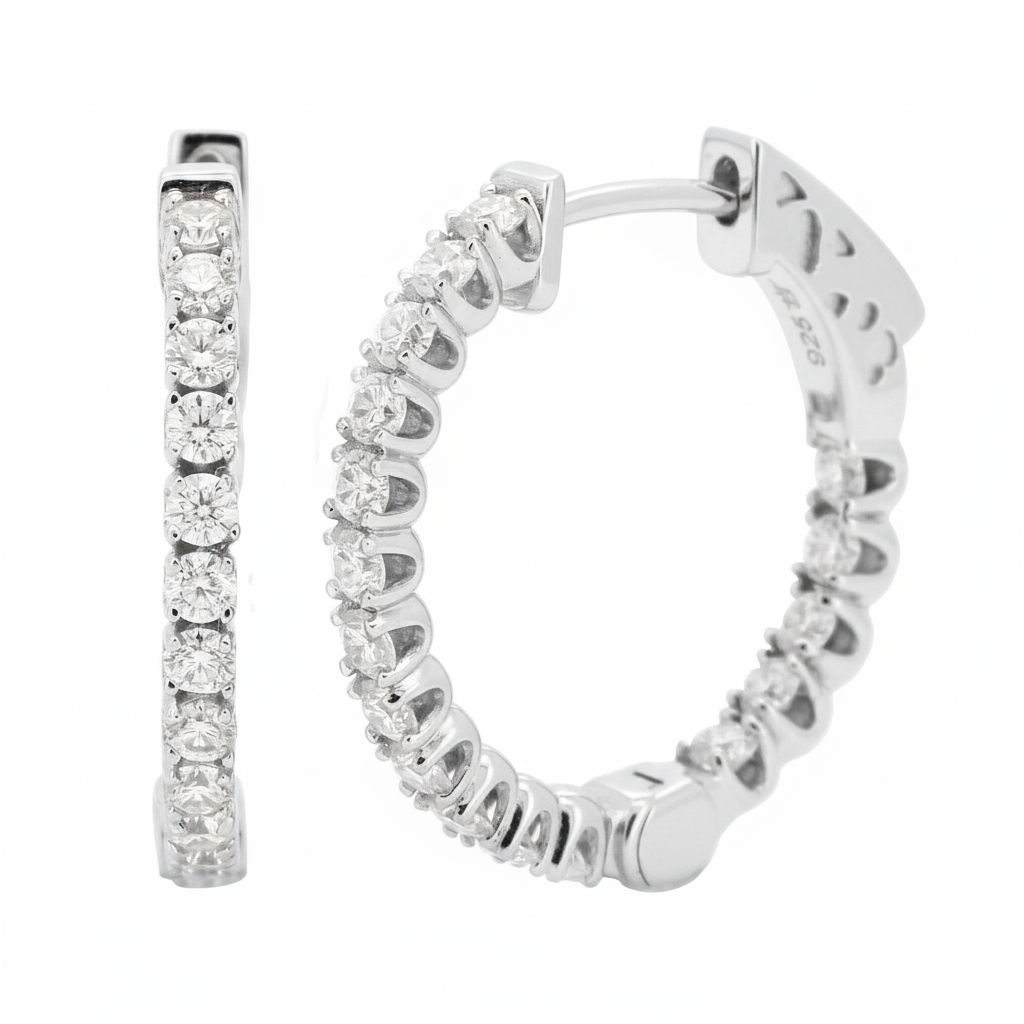 Eternity Moissanite Diamond Hoop Earrings - 14K Gold Plated Silver Dazzling Brilliant Cut | Prong Set Statement Hoops | Size- 19.5MM & 27 MM