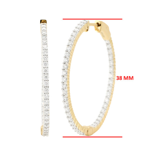 14K Gold Plated Silver Moissanite Diamond Hoop Earrings | Available in 38mm | 2 1/2CTW & 51mm |3 1/2CTW  | Classic Prong Set Brilliant Cut Hoops