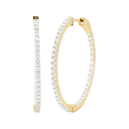 14K Gold Plated Silver Moissanite Diamond Hoop Earrings | Available in 38mm | 2 1/2CTW & 51mm |3 1/2CTW  | Classic Prong Set Brilliant Cut Hoops