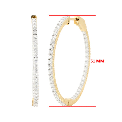 14K Gold Plated Silver Moissanite Diamond Hoop Earrings | Available in 38mm | 2 1/2CTW & 51mm |3 1/2CTW  | Classic Prong Set Brilliant Cut Hoops