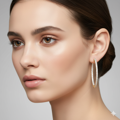 14K Gold Plated Silver Moissanite Diamond Hoop Earrings | Available in 38mm | 2 1/2CTW & 51mm |3 1/2CTW  | Classic Prong Set Brilliant Cut Hoops
