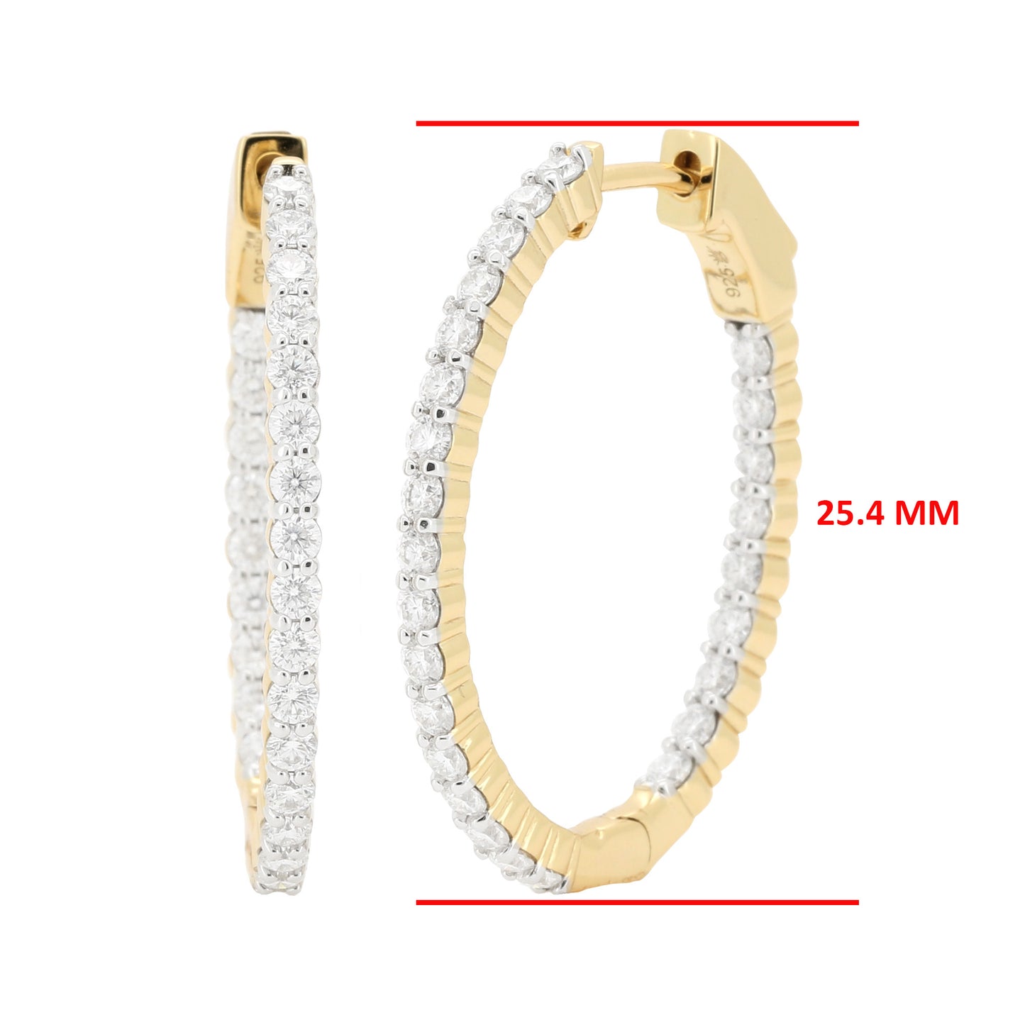 Dazzling 14K Gold Plated Silver Moissanite Diamond Hoop Earrings | Brilliant Cut | Available in 25.4mm (1.5CTW) & 35.6mm (2CTW) | Prong Set