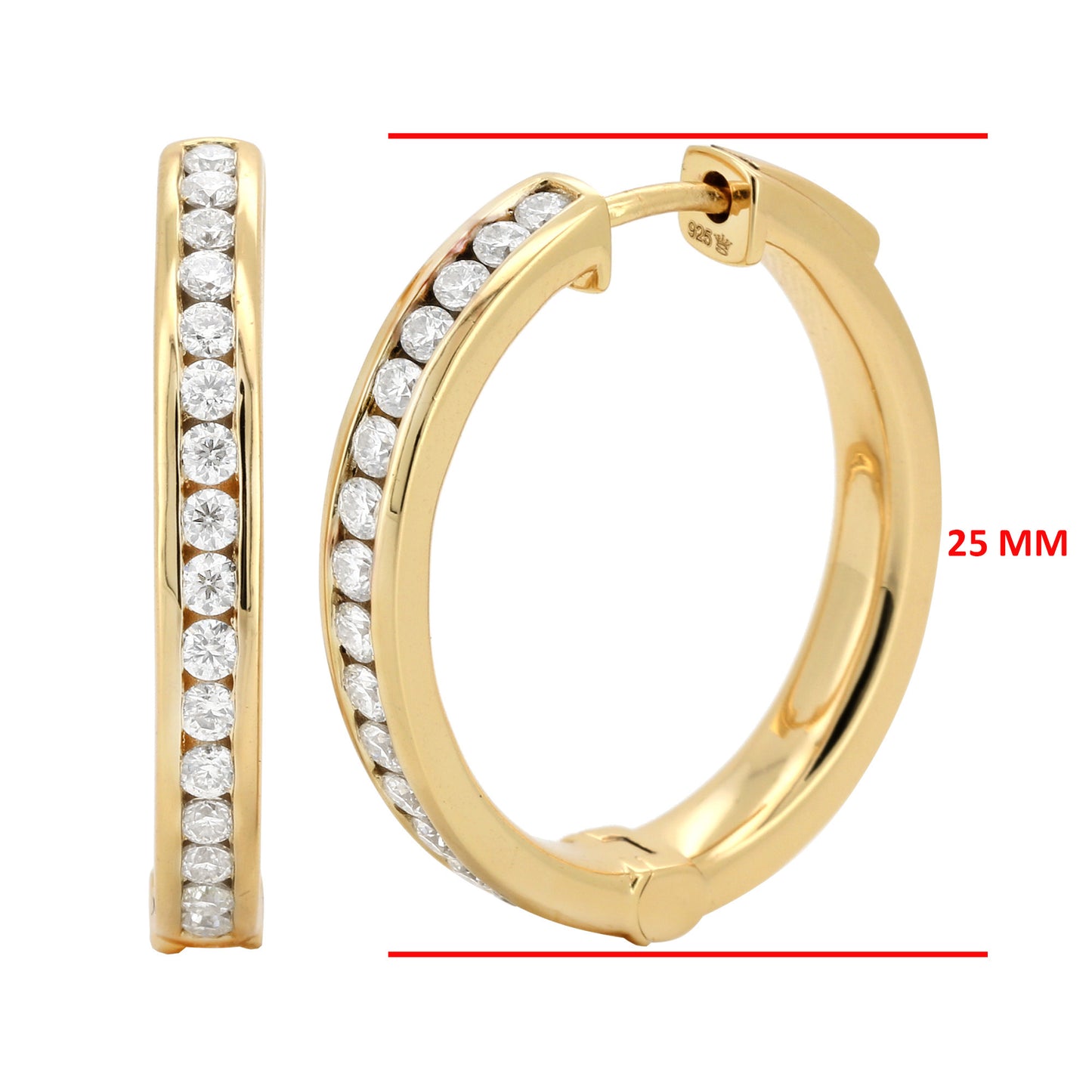 14K Gold Plated Silver Pave Set Moissanite Hoop Earrings| Circular Shape | Available in Size- 19MM-4/5 CTW & 25MM-1CTW | Minimalist Gift