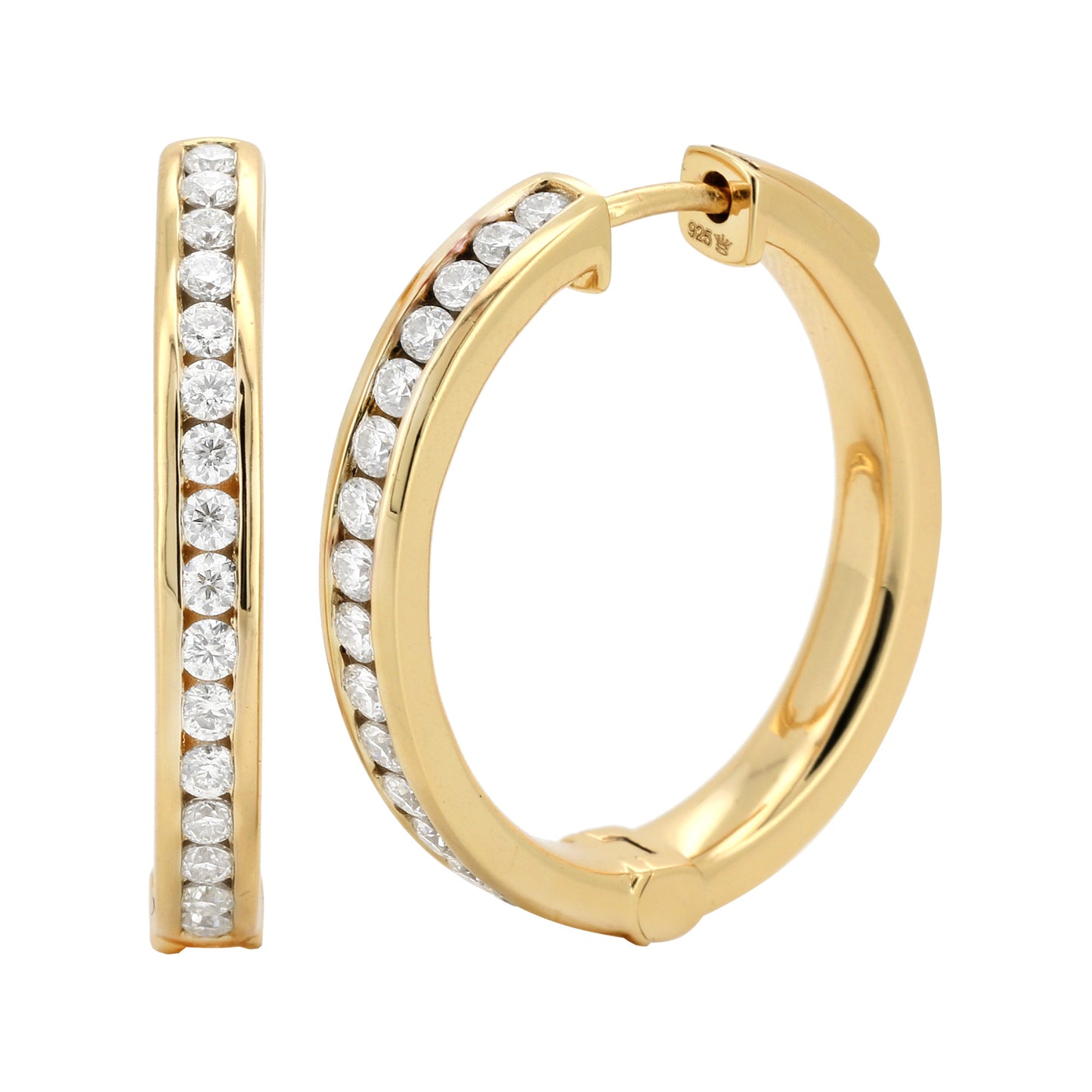 14K Gold Plated Silver Pave Set Moissanite Hoop Earrings| Circular Shape | Available in Size- 19MM-4/5 CTW & 25MM-1CTW | Minimalist Gift