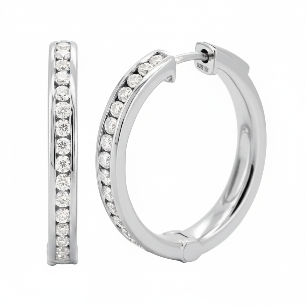 14K Gold Plated Silver Pave Set Moissanite Hoop Earrings| Circular Shape | Available in Size- 19MM-4/5 CTW & 25MM-1CTW | Minimalist Gift