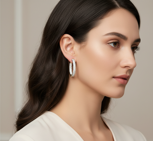 14K Gold Plated Silver Oval Shape | Moissanite Hoop Earrings | Two Row Inside Out Brilliant Cut  Hoops |  25mm & 31mm Dainty Bridal Gift