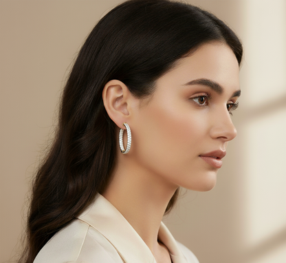 14K Gold Plated Silver Oval Shape | Moissanite Hoop Earrings | Two Row Inside Out Brilliant Cut  Hoops |  25mm & 31mm Dainty Bridal Gift
