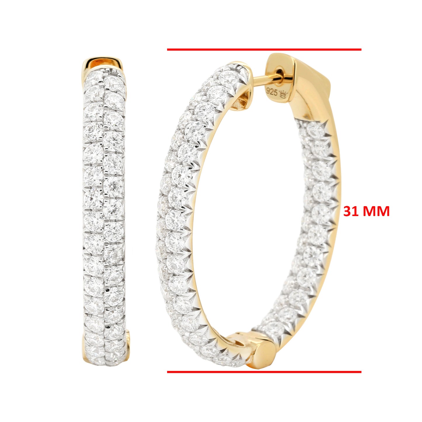 14K Gold Plated Silver Oval Shape | Moissanite Hoop Earrings | Two Row Inside Out Brilliant Cut  Hoops |  25mm & 31mm Dainty Bridal Gift