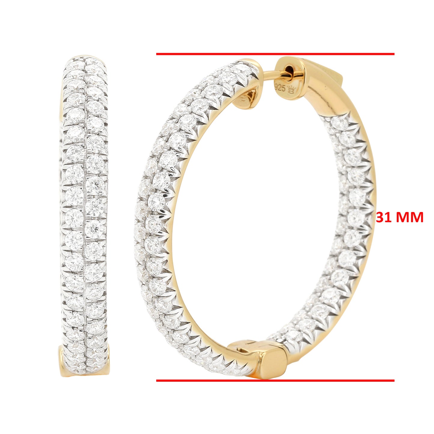 Two-Row Moissanite Inside Out Hoop Earrings, 14K Gold Plated Silver, Circular Shape Prong Set, Size 23MM  & 31MM