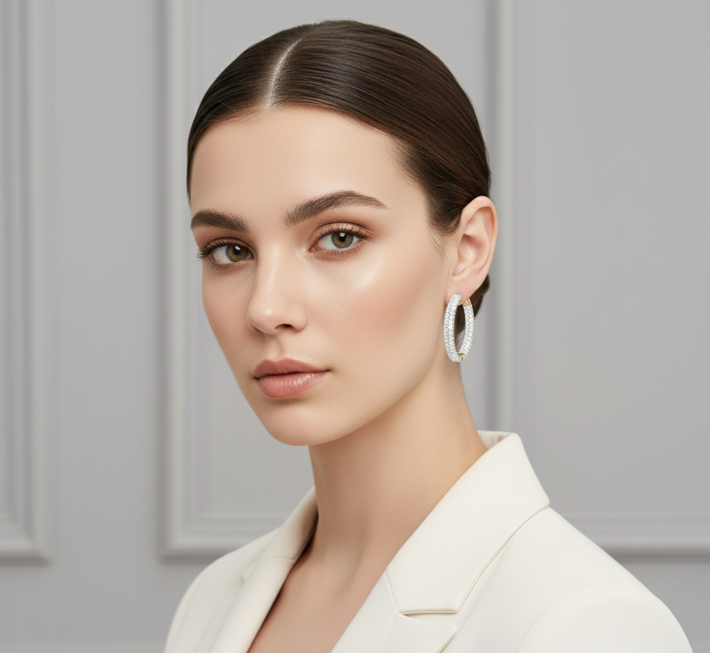 Two-Row Moissanite Inside Out Hoop Earrings, 14K Gold Plated Silver, Circular Shape Prong Set, Size 23MM  & 31MM