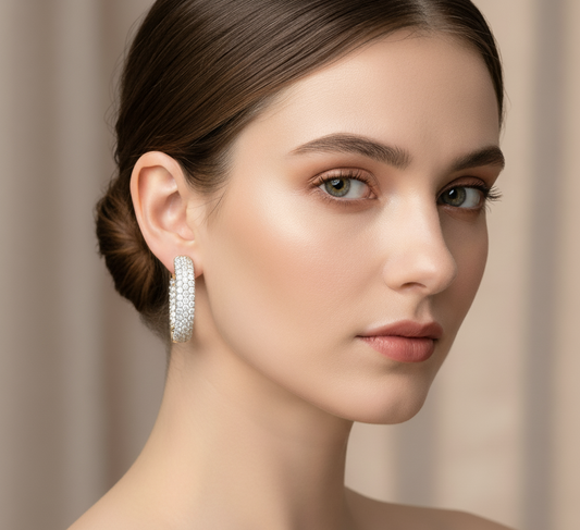 Oval Shape 3-Row Inside-Out Moissanite Hoop Earrings | 14K Gold Plated Silver Dangle | 29mm or 55mm Sizes | Best Gift for Party Wear