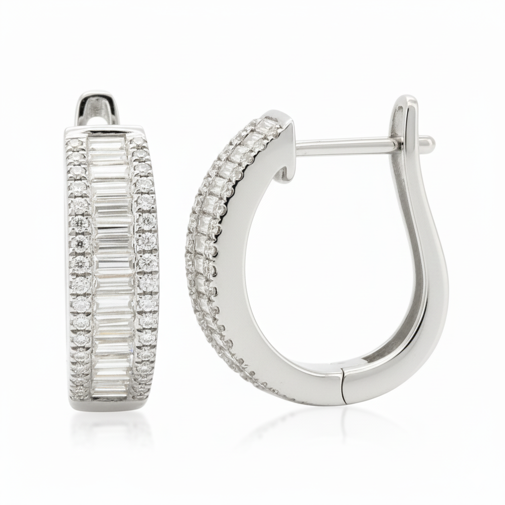 1CTW Moissanite Baguette Huggie Earrings, 14K Gold Plated Silver, Christmas Give Away, Bridal Wedding Jewelry Gift for Her