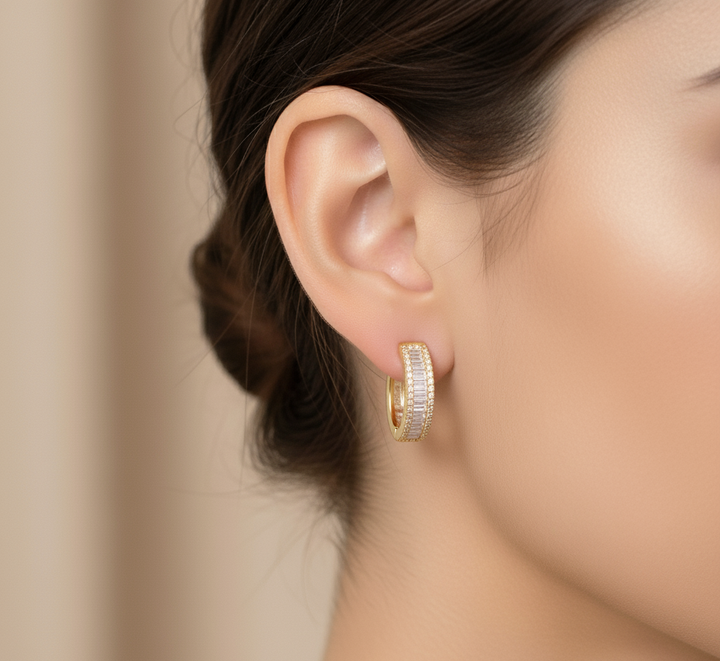 1CTW Moissanite Baguette Huggie Earrings, 14K Gold Plated Silver, Christmas Give Away, Bridal Wedding Jewelry Gift for Her