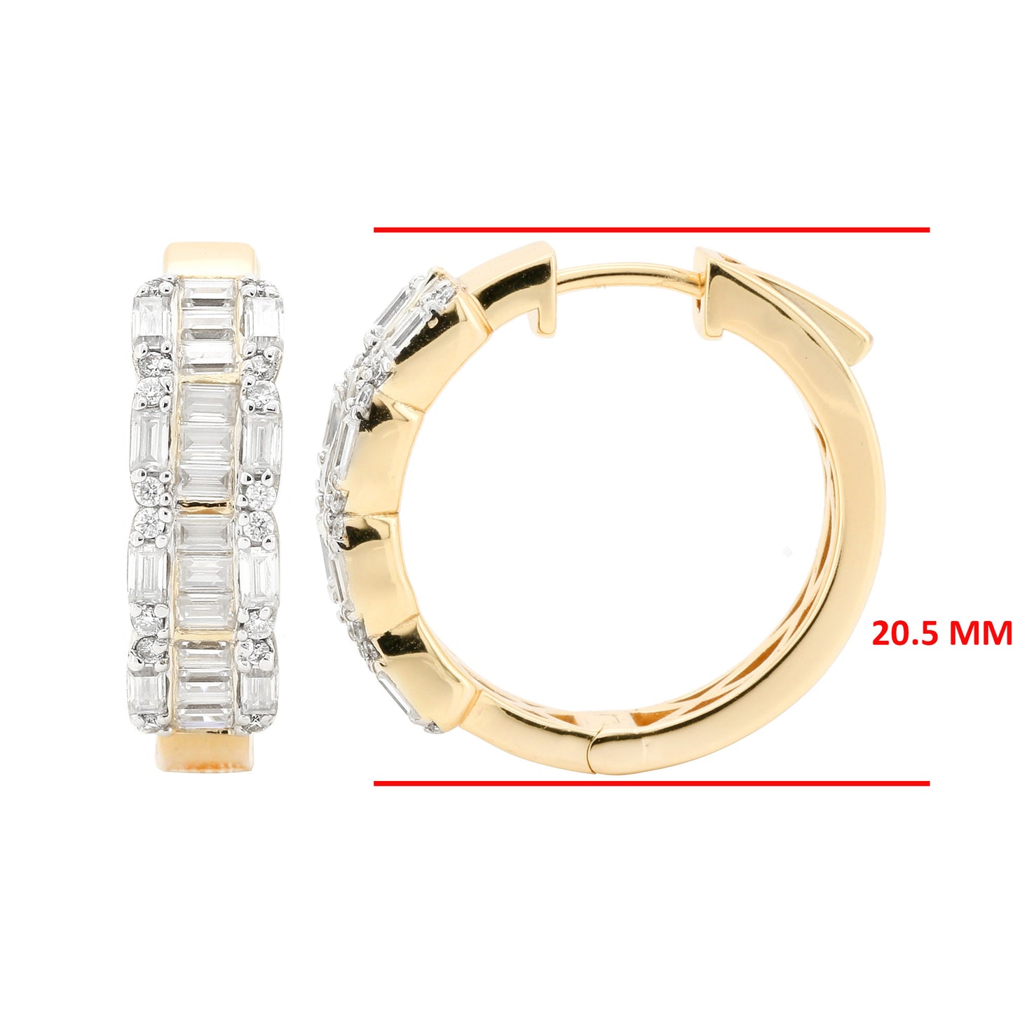 1.8CTW Baguette Moissanite Hoop Earrings, 20MM Hinged Huggie, 14K Gold Plated Bridal Diamond Alternative, Christmas Gift for Wife