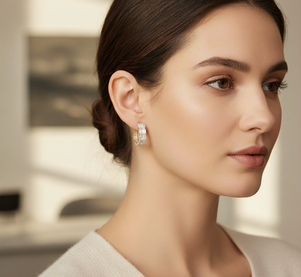 1.8CTW Baguette Moissanite Hoop Earrings, 20MM Hinged Huggie, 14K Gold Plated Bridal Diamond Alternative, Christmas Gift for Wife