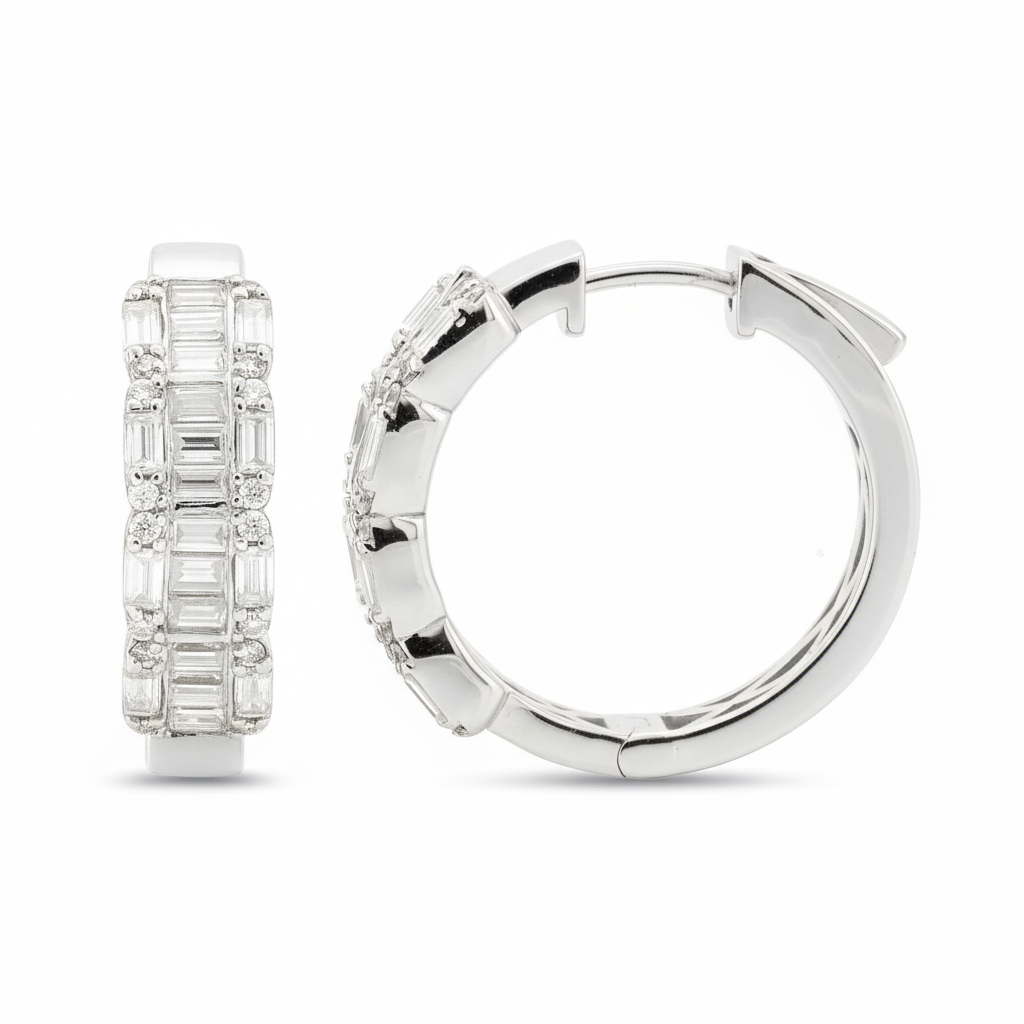 1.8CTW Baguette Moissanite Hoop Earrings, 20MM Hinged Huggie, 14K Gold Plated Bridal Diamond Alternative, Christmas Gift for Wife