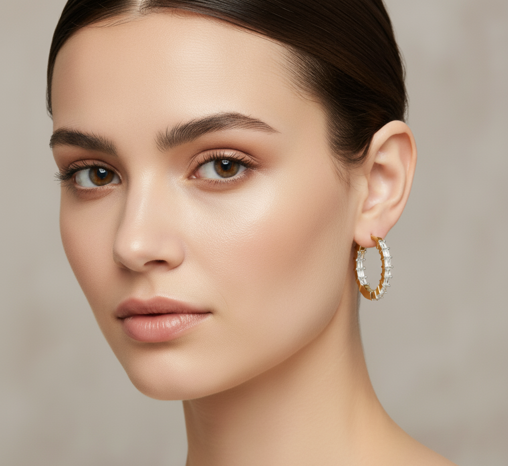 14K Gold Plated Silver Baguette Cut Moissanite Diamond Hoop Earrings | Bridal Jewelry Gift | Size 19MM & 24.5 MM