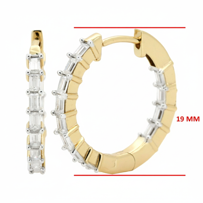 14K Gold Plated Silver Baguette Cut Moissanite Diamond Hoop Earrings | Bridal Jewelry Gift | Size 19MM & 24.5 MM