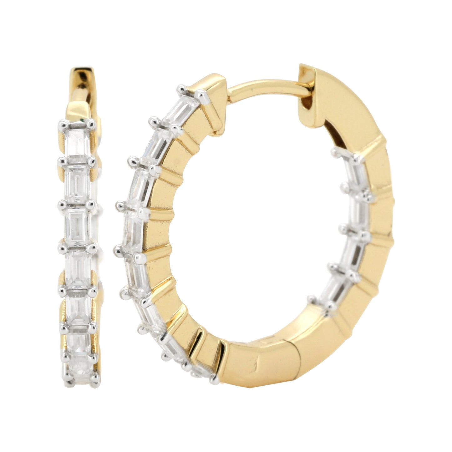 14K Gold Plated Silver Baguette Cut Moissanite Diamond Hoop Earrings | Bridal Jewelry Gift | Size 19MM & 24.5 MM