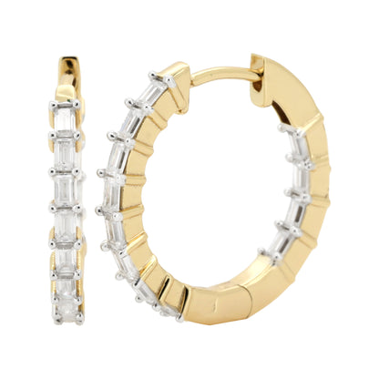 14K Gold Plated Silver Baguette Cut Moissanite Diamond Hoop Earrings | Bridal Jewelry Gift | Size 19MM & 24.5 MM