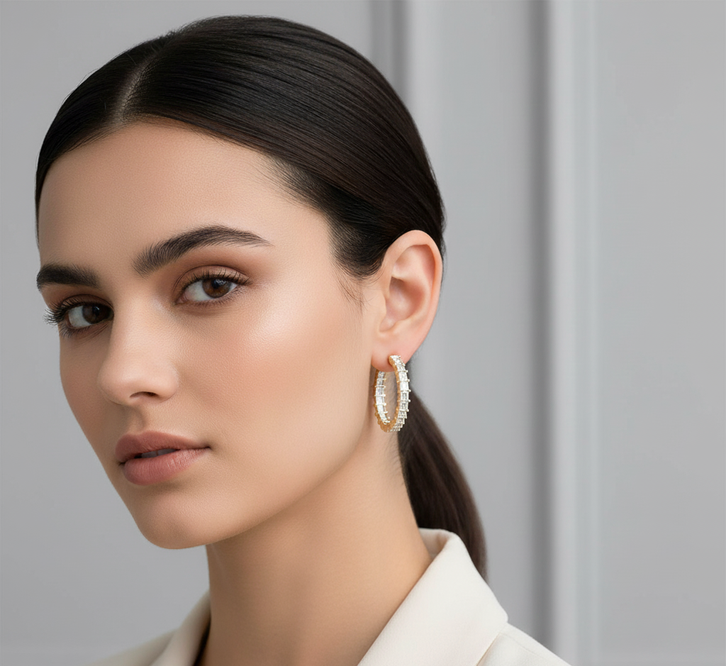 14K Gold Plated Silver Baguette Cut Moissanite Diamond Hoop Earrings | Bridal Jewelry Gift | Size 19MM & 24.5 MM