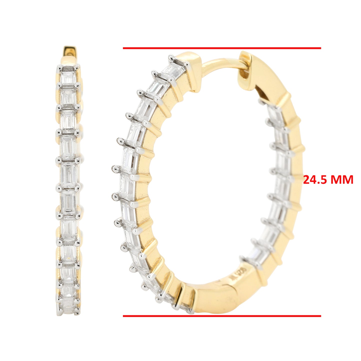14K Gold Plated Silver Baguette Cut Moissanite Diamond Hoop Earrings | Bridal Jewelry Gift | Size 19MM & 24.5 MM