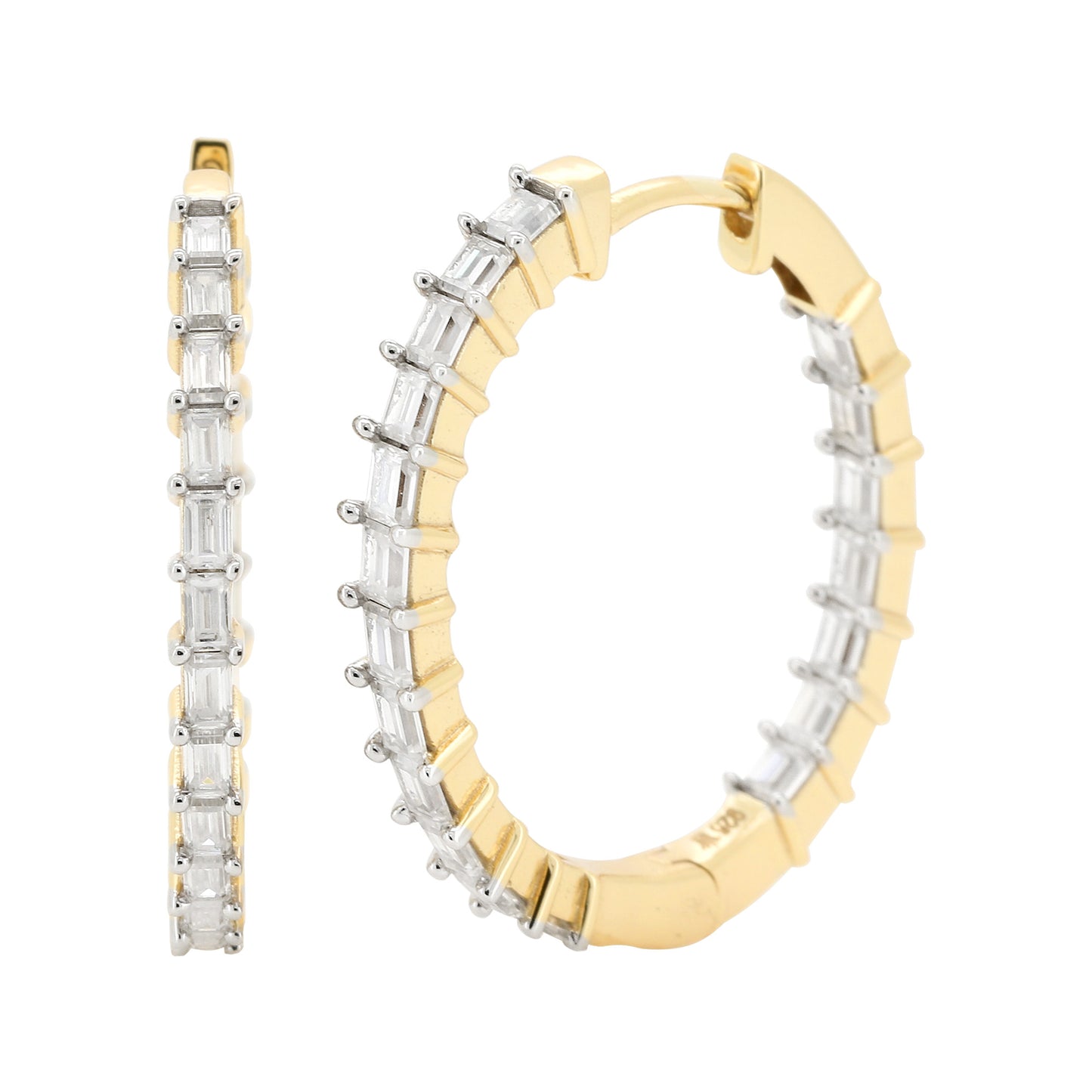 14K Gold Plated Silver Baguette Cut Moissanite Diamond Hoop Earrings | Bridal Jewelry Gift | Size 19MM & 24.5 MM